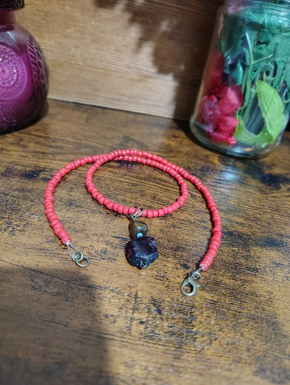 Red Beaded Gemstone Pendant Necklace - Men's Necklace